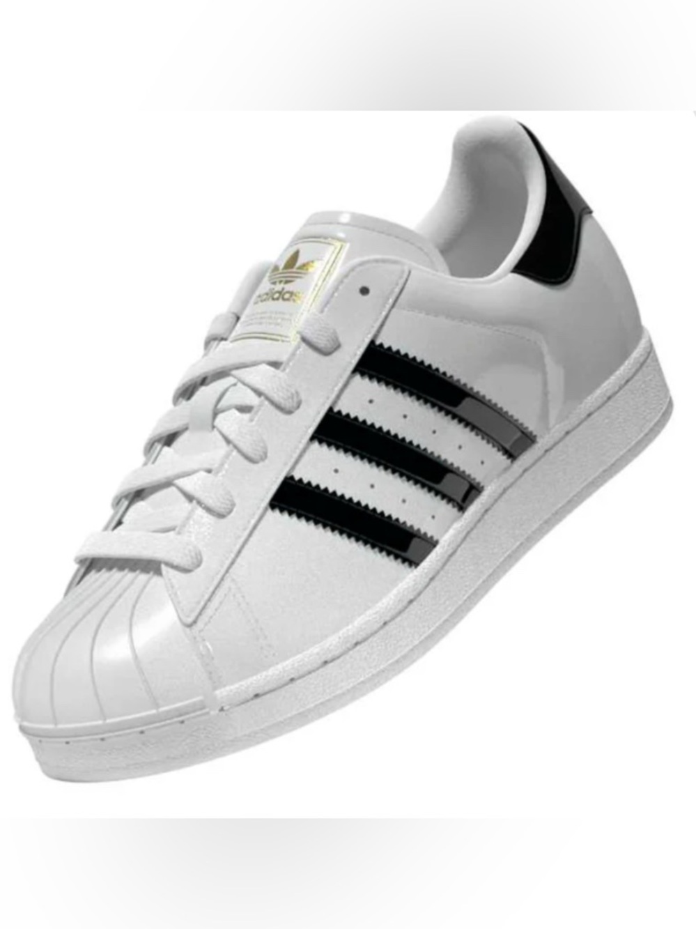 adidas White Superstar Patent Leather Sneakers with Black Stripes and Shell Toe